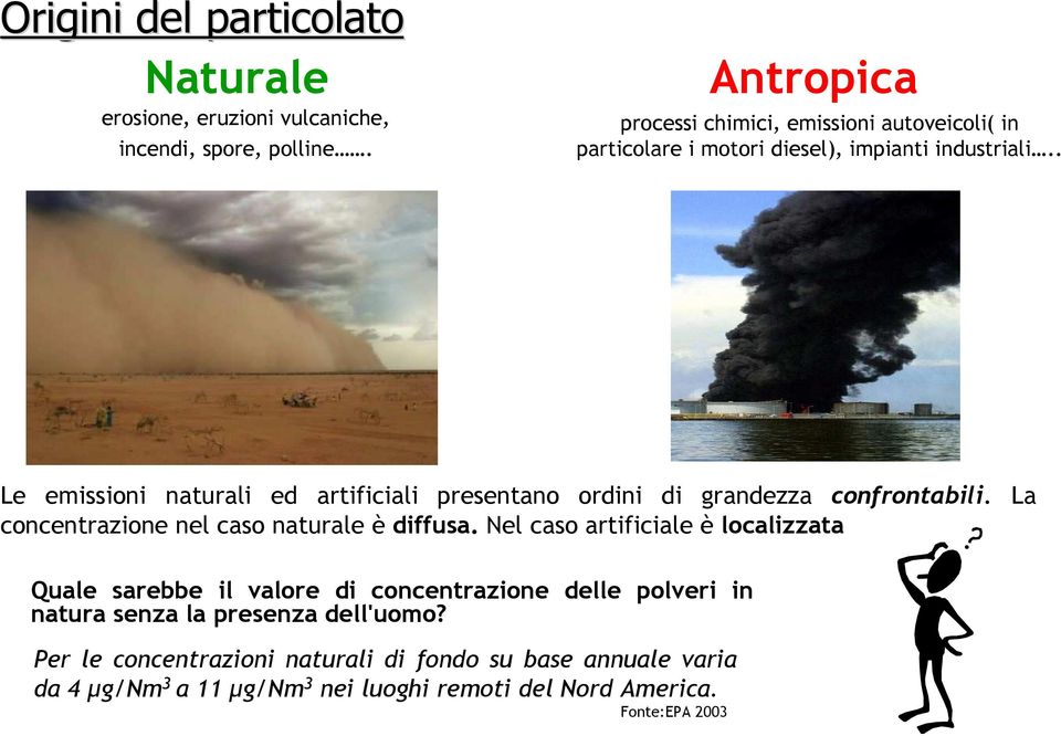 . Le emissioni naturali ed artificiali presentano ordini di grandezza confrontabili. La concentrazione nel caso naturale è diffusa.