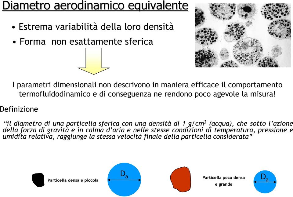 Definizione il diametro di una particella sferica con una densità di 1 g/cm 3 (acqua), che sotto l azione della forza di gravità e in calma d aria e