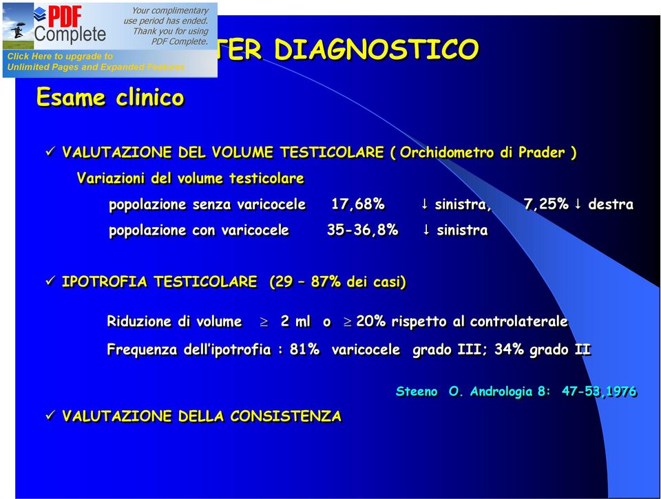 sinistra IPOTROFIA TESTICOLARE (29 87% dei casi) Riduzione di volume 2 ml o 20% rispetto al controlaterale