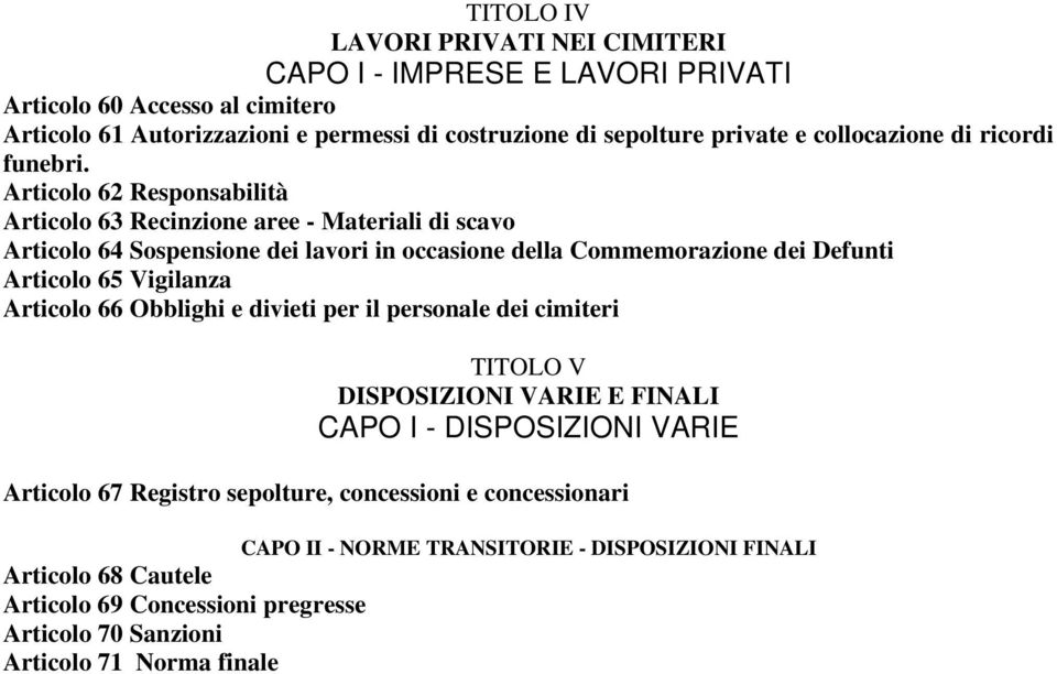 Articolo 62 Responsabilità Articolo 63 Recinzione aree - Materiali di scavo Articolo 64 Sospensione dei lavori in occasione della Commemorazione dei Defunti Articolo 65 Vigilanza