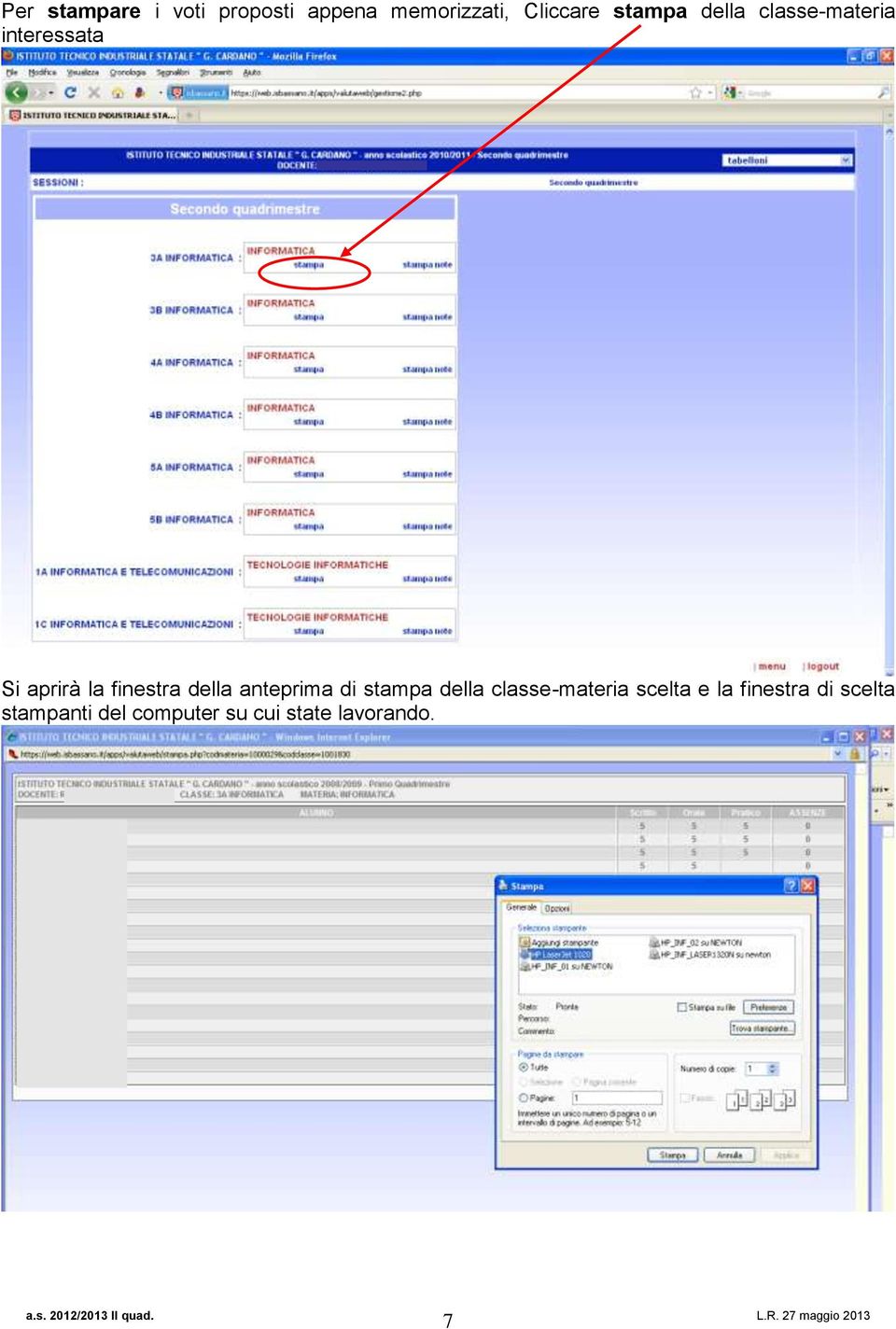 della anteprima di stampa della classe-materia scelta e la