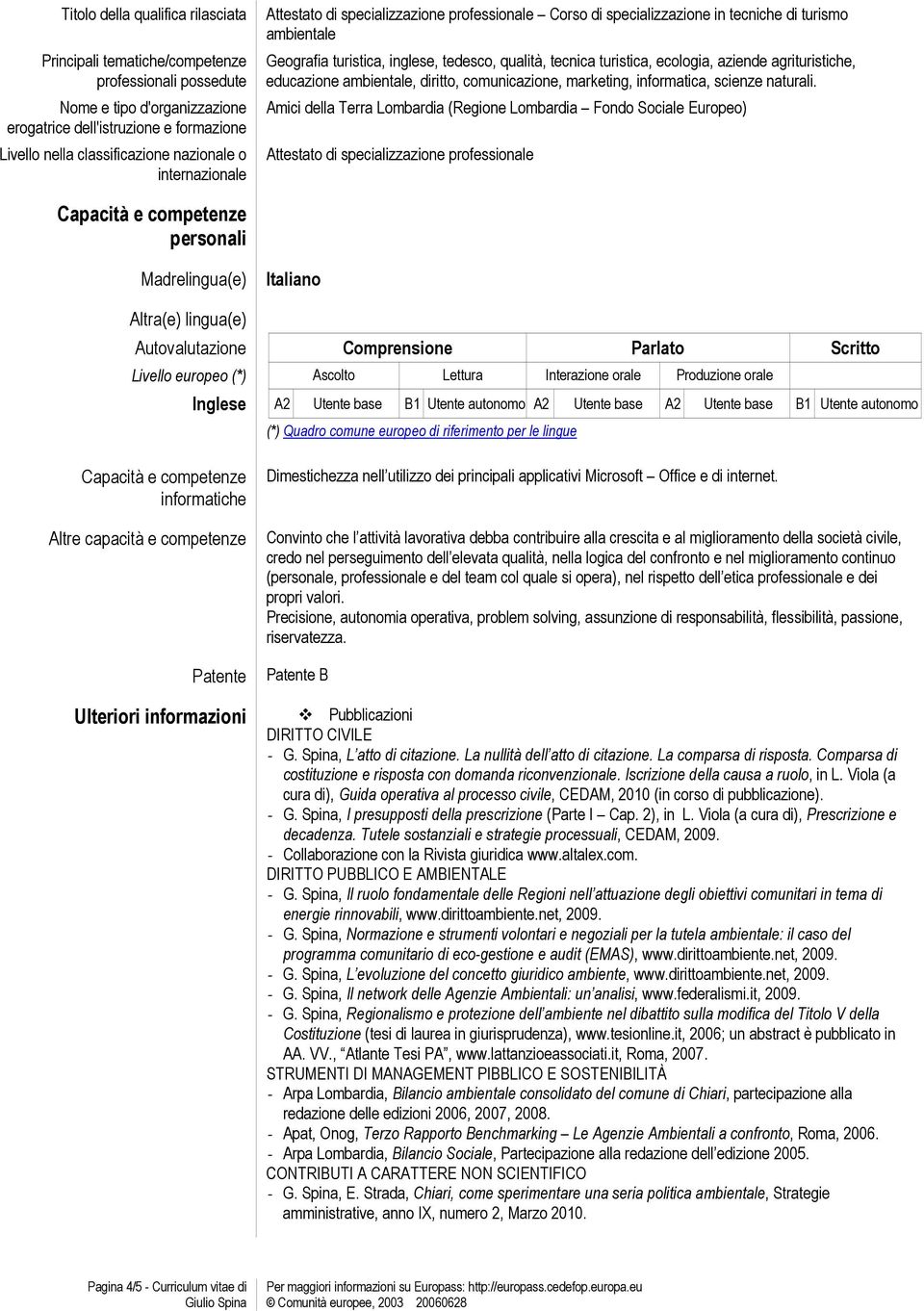 Amici della Terra Lombardia (Regione Lombardia Fondo Sociale Europeo) Attestato di specializzazione professionale Capacità e competenze personali Madrelingua(e) Italiano Altra(e) lingua(e)