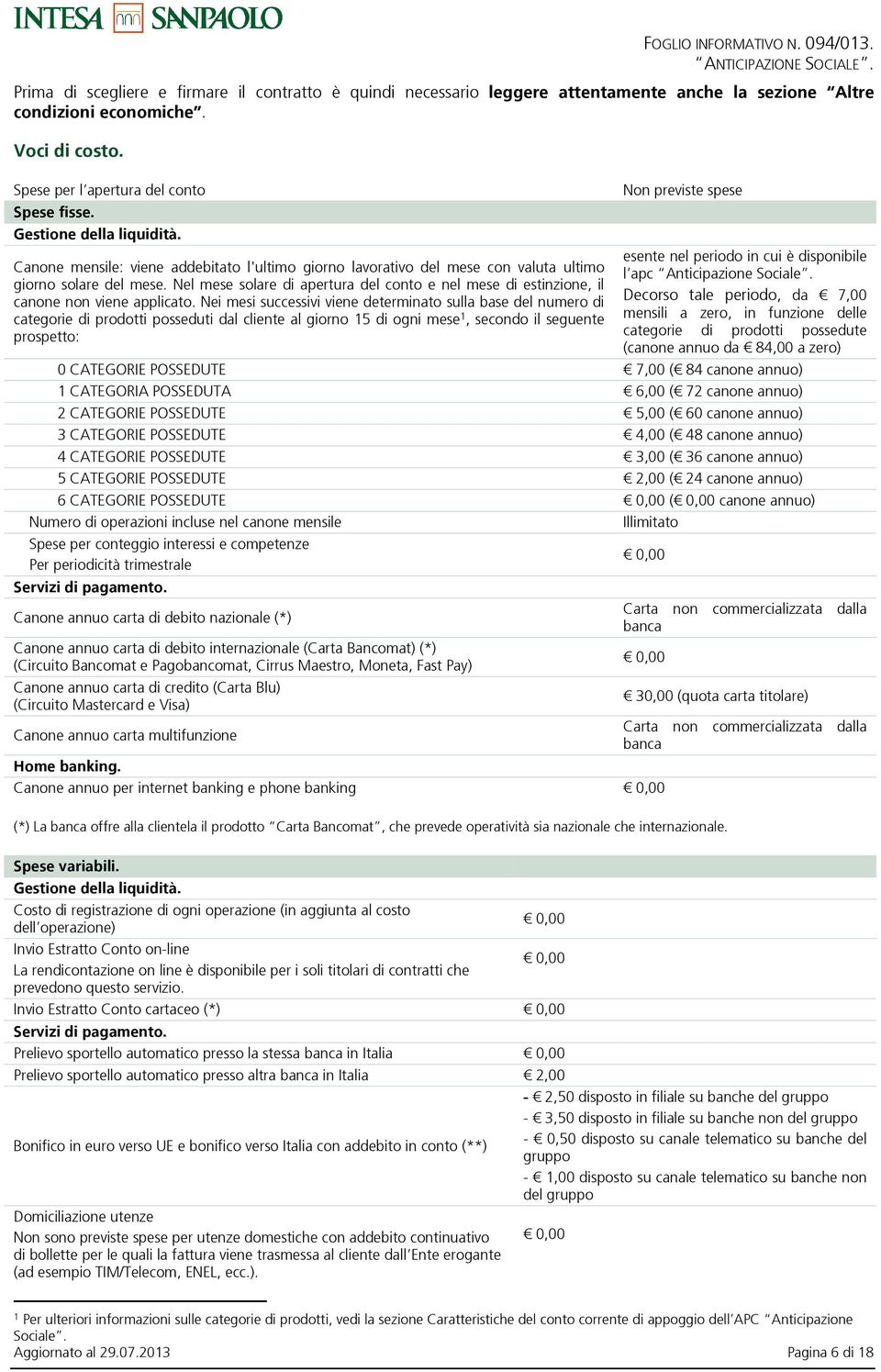 esente nel periodo in cui è disponibile Canone mensile: viene addebitato l'ultimo giorno lavorativo del mese con valuta ultimo l apc Anticipazione Sociale. giorno solare del mese.