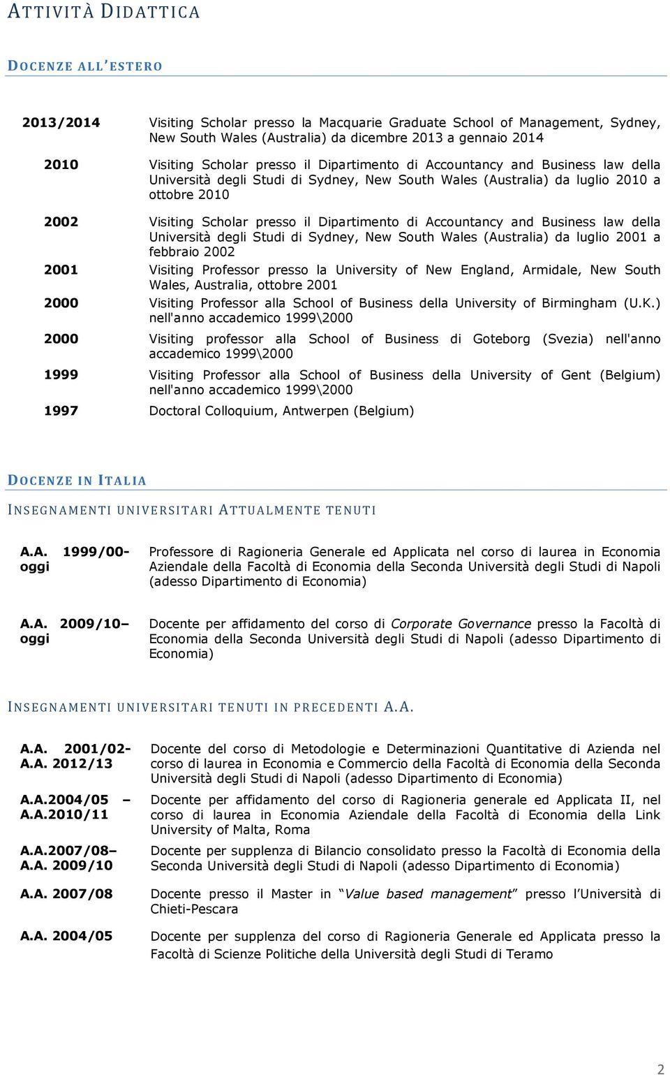 Dipartimento di Accountancy and Business law della Università degli Studi di Sydney, New South Wales (Australia) da luglio 2001 a febbraio 2002 2001 Visiting Professor presso la University of New