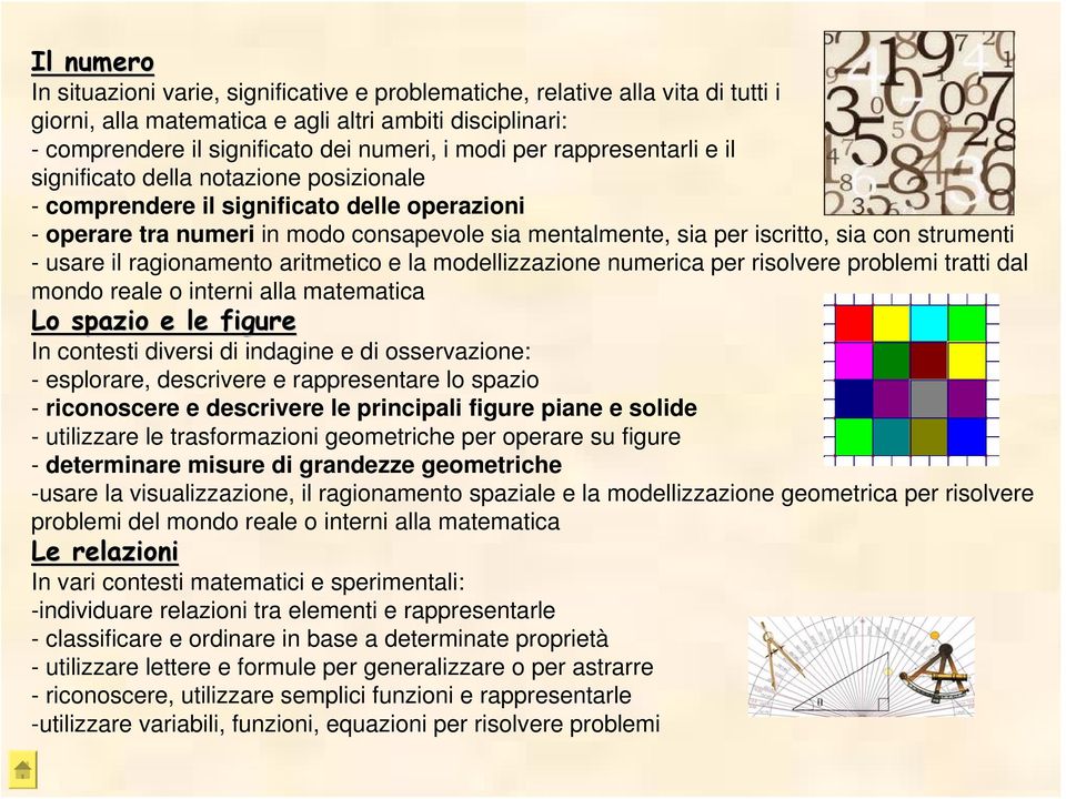 strumenti - usare il ragionamento aritmetico e la modellizzazione numerica per risolvere problemi tratti dal mondo reale o interni alla matematica Lo spazio e le figure In contesti diversi di