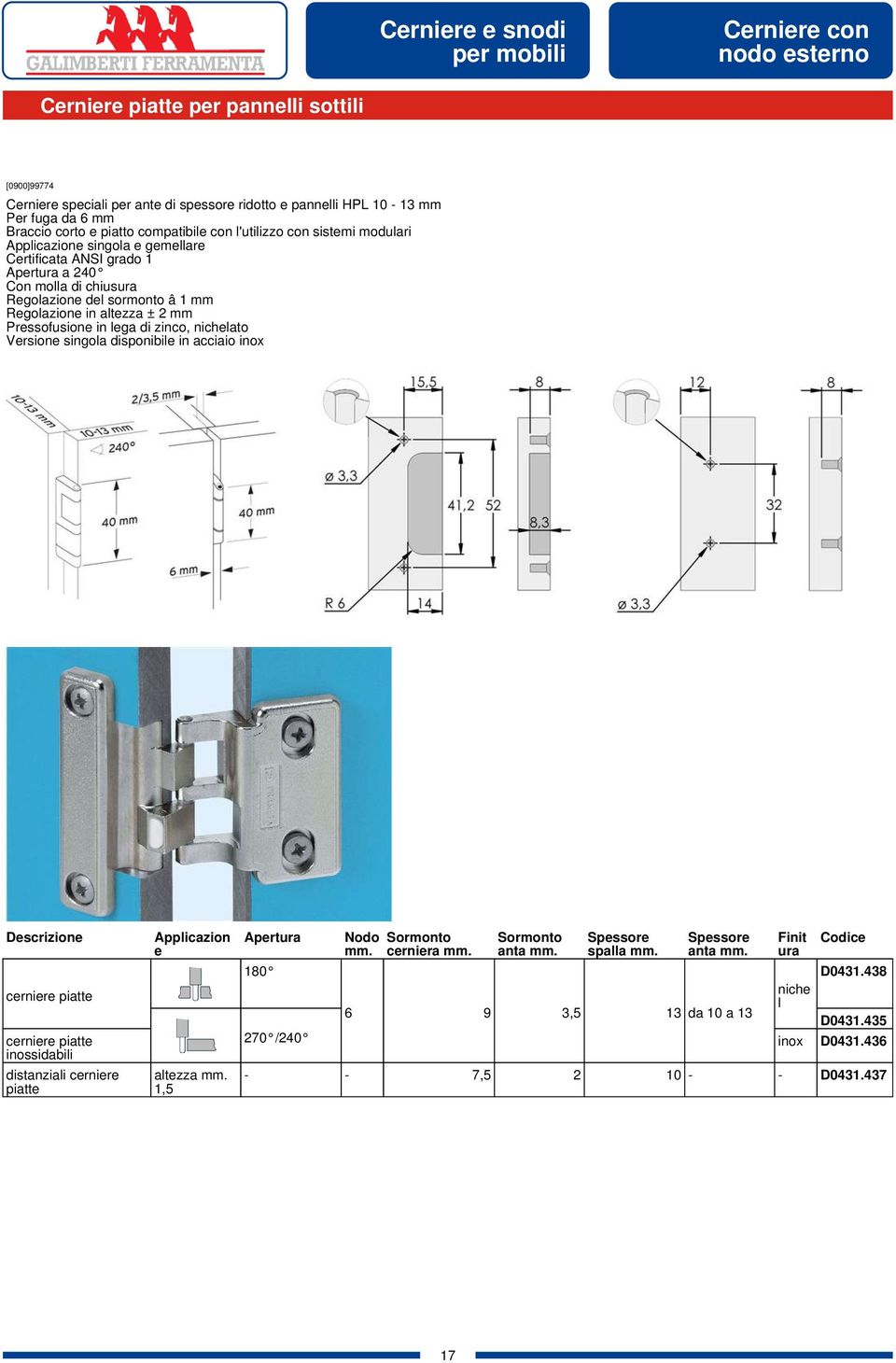 sistemi modulari Applicazione singola e gemellare Certificata ANSI grado 1 Apertura a 240 Con molla di chiusura Regolazione del sormonto â 1 mm Regolazione in altezza ± 2 mm Pressofusione in