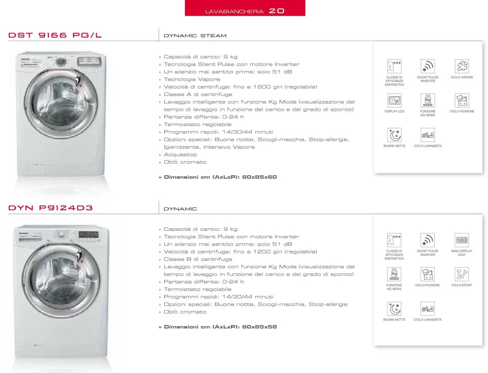 SILENT PULSE INVERTER CICLO VAPORE CICLO PIUMONE Dimensioni cm (AxLxP): 60x85x60 DYN P9124D3 dynamic Capacità di carico: 9 kg Tecnologia Silent Pulse con motore Inverter Un silenzio mai sentito