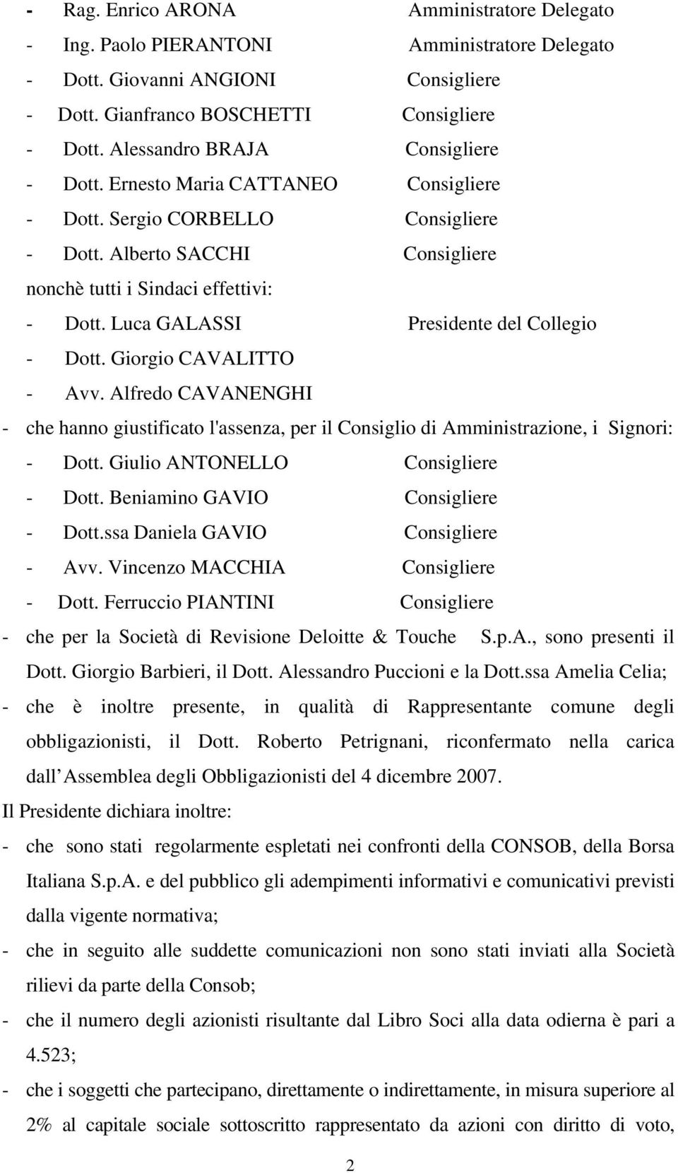 Luca GALASSI Presidente del Collegio - Dott. Giorgio CAVALITTO - Avv. Alfredo CAVANENGHI - che hanno giustificato l'assenza, per il Consiglio di Amministrazione, i Signori: - Dott.