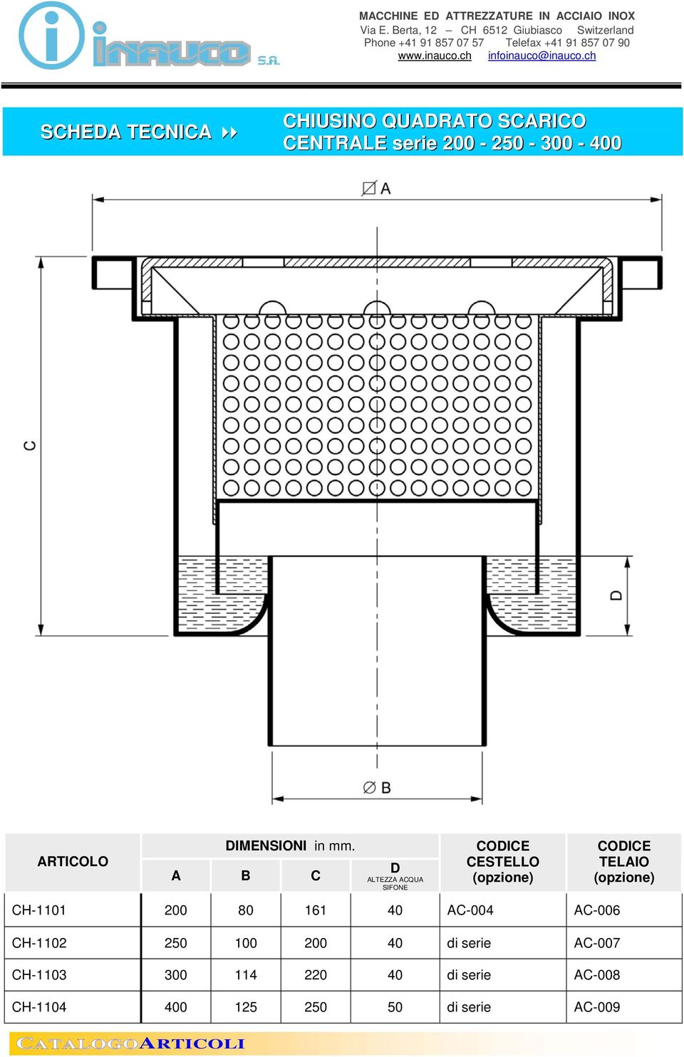 A B C D ALTEZZA ACQUA SIFONE CODICE CESTELLO (opzione) CODICE TELAIO (opzione)