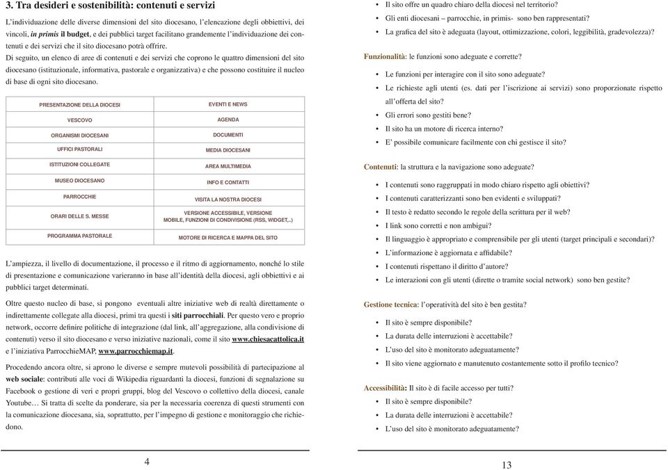 Di seguito, un elenco di aree di contenuti e dei servizi che coprono le quattro dimensioni del sito diocesano (istituzionale, informativa, pastorale e organizzativa) e che possono costituire il