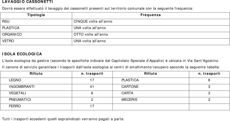 è ubicata in Via Sant Agostino. Il canone di servizio garantisce i trasporti dall isola ecologica ai centri di smaltimento/recupero secondo la seguente tabella: Rifiuto n.