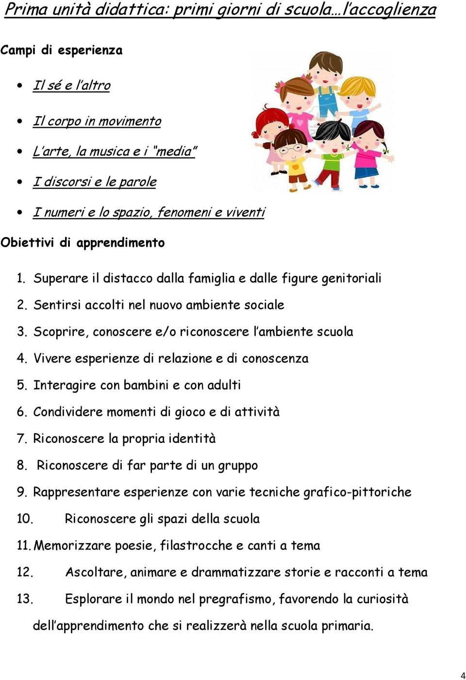 Scoprire, conoscere e/o riconoscere l ambiente scuola 4. Vivere esperienze di relazione e di conoscenza 5. Interagire con bambini e con adulti 6. Condividere momenti di gioco e di attività 7.