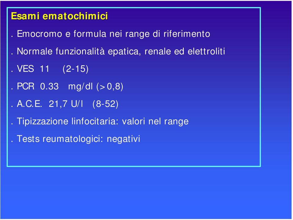 VES 11 (2-15). PCR 0.33 mg/dl (>0,8). A.C.E. 21,7 U/l (8-52).