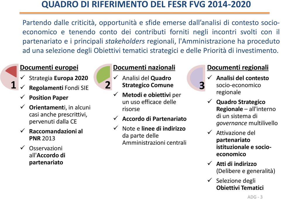 Documenti europei Documenti nazionali Documenti regionali 1 Strategia Europa 2020 Regolamenti Fondi SIE Position Paper Orientamenti, in alcuni casi anche prescrittivi, pervenuti dalla CE