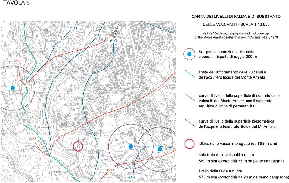 contatto delle vulcaniti del Monte Amiata con il substrato argillitico o limite di permeabilità curve di livello della superficie piezometrica dell'acquifero fessurato litoide del M.