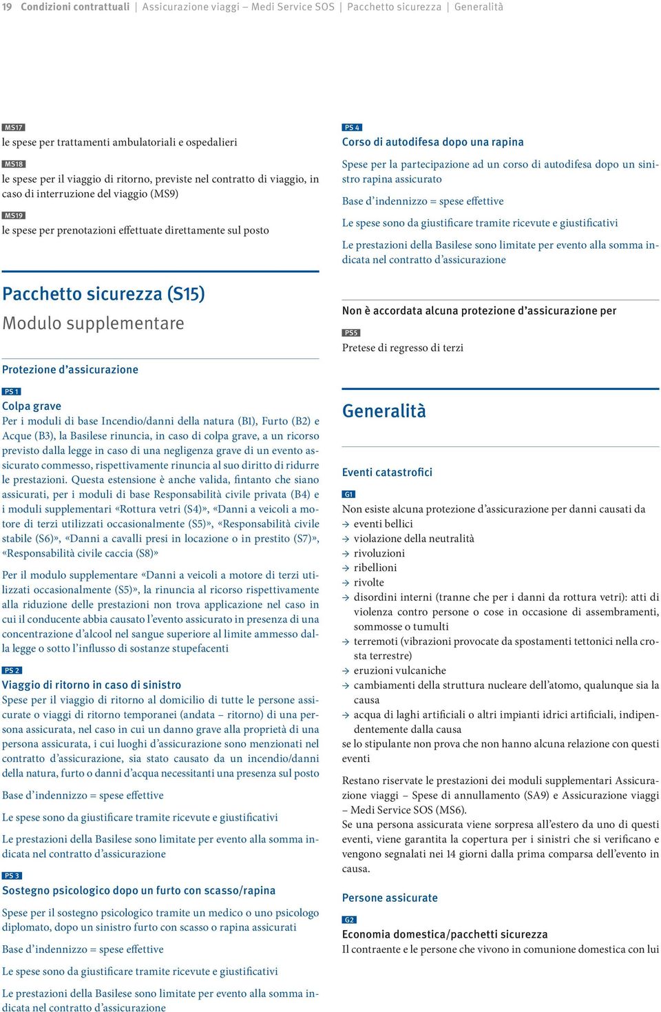 di base Incendio/danni della natura (B1), Furto (B2) e Acque (B3), la Basilese rinuncia, in caso di colpa grave, a un ricorso previsto dalla legge in caso di una negligenza grave di un evento