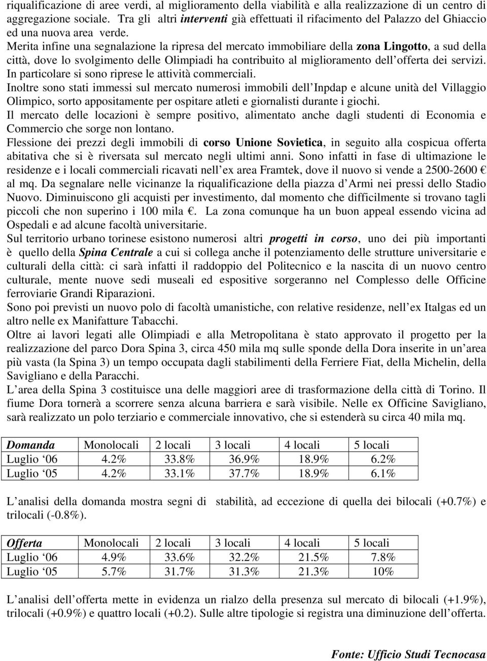 Merita infine una segnalazione la ripresa del mercato immobiliare della zona Lingotto, a sud della città, dove lo svolgimento delle Olimpiadi ha contribuito al miglioramento dell offerta dei servizi.