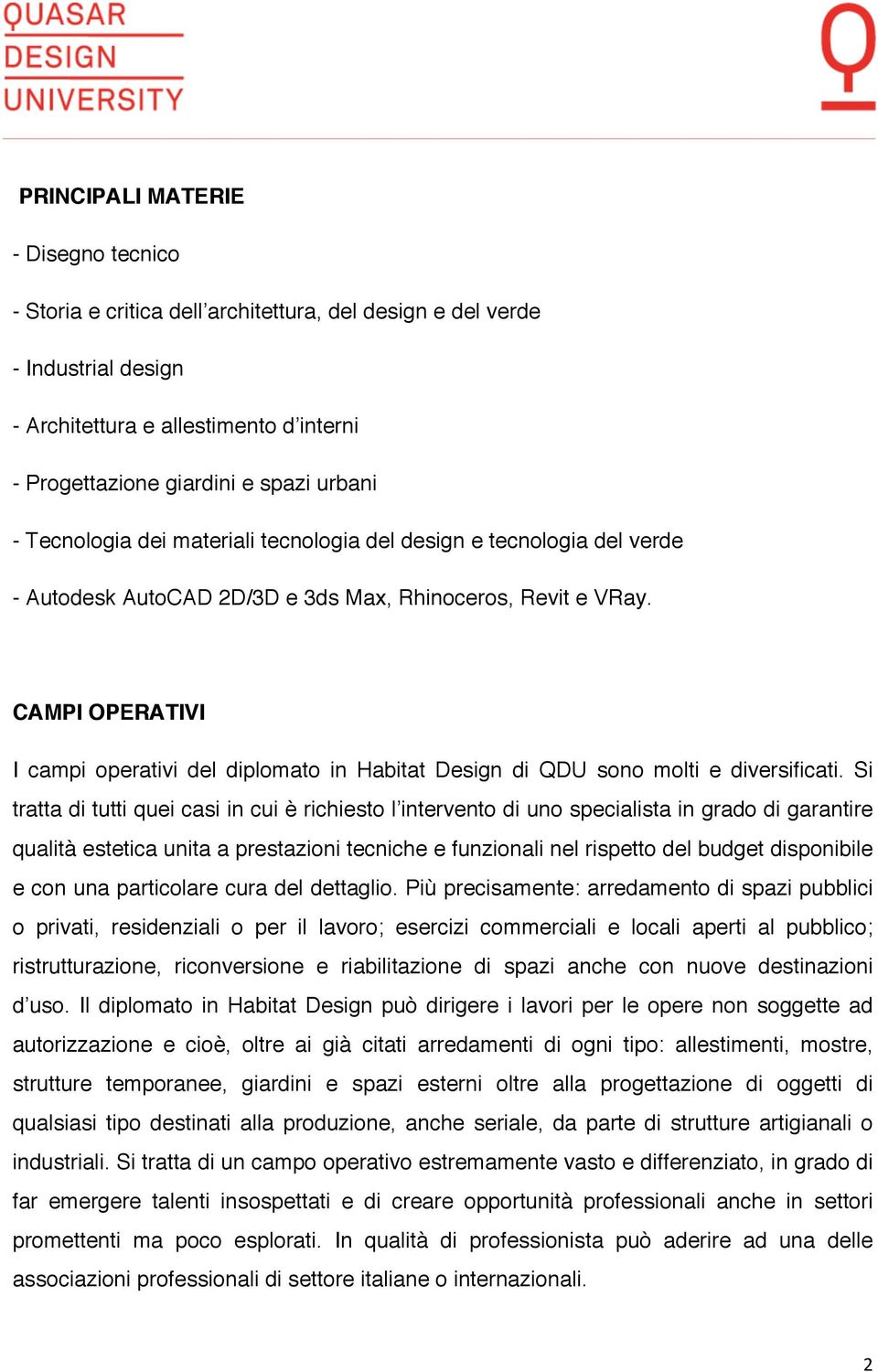 CAMPI OPERATIVI I campi operativi del diplomato in Habitat Design di QDU sono molti e diversificati.