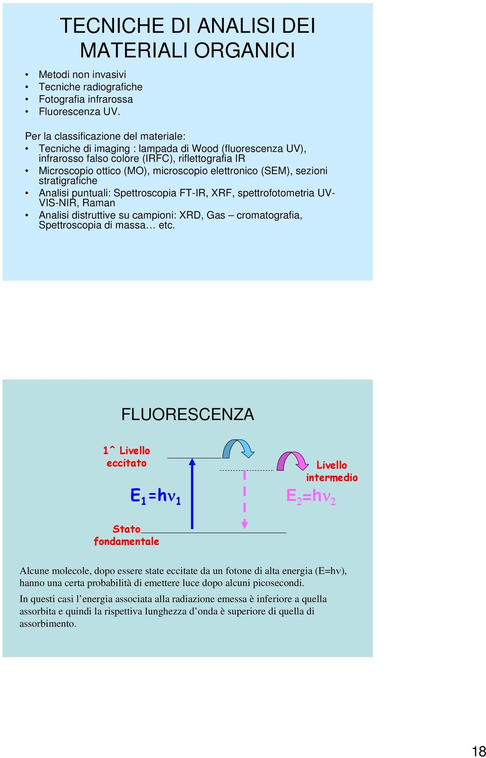 (SEM), sezioni stratigrafiche Analisi puntuali: Spettroscopia FT-IR, XRF, spettrofotometria UV- VIS-NIR, Raman Analisi distruttive su campioni: XRD, Gas cromatografia, Spettroscopia di massa etc.