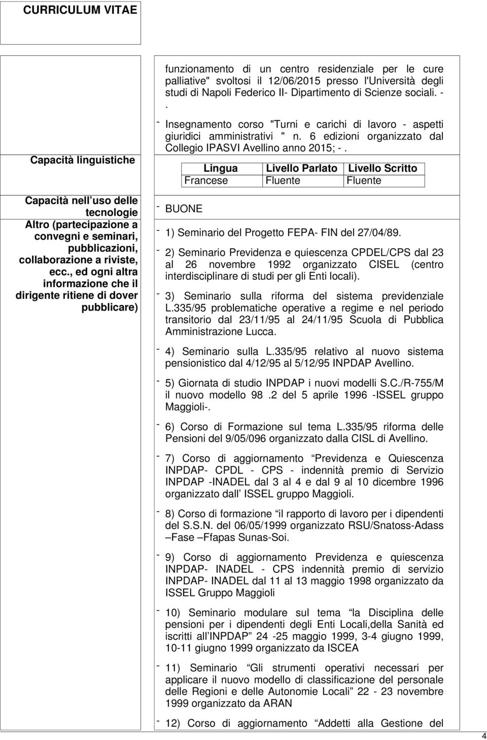 , ed ogni altra informazione che il dirigente ritiene di dover pubblicare) - Insegnamento corso "Turni e carichi di lavoro - aspetti giuridici amministrativi " n.