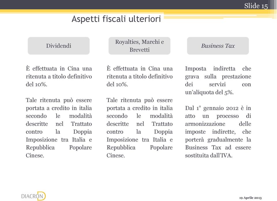 È effettuata in Cina una ritenuta a titolo definitivo del 10%.  Imposta indiretta che grava sulla prestazione dei servizi con un aliquota del 5%.