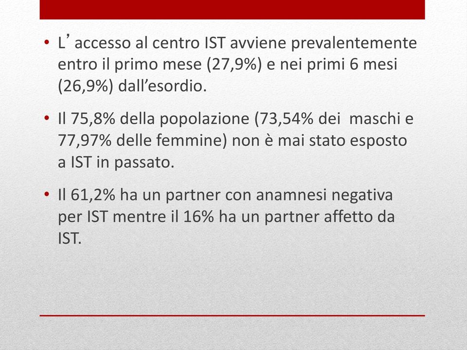 Il 75,8% della popolazione (73,54% dei maschi e 77,97% delle femmine) non è mai