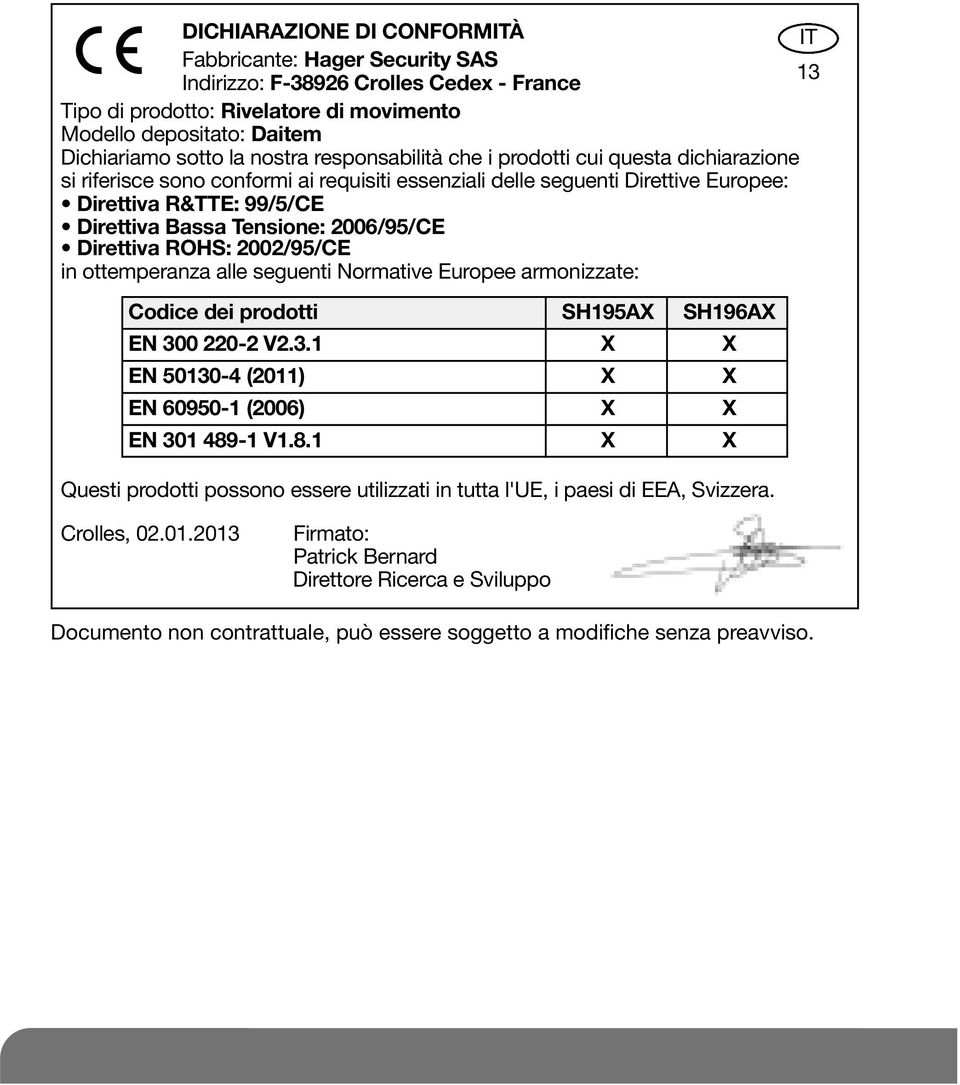 2006/95/CE Direttiva ROHS: 2002/95/CE in ottemperanza alle seguenti Normative Europee armonizzate: Codice dei prodotti SH195AX SH196AX EN 30