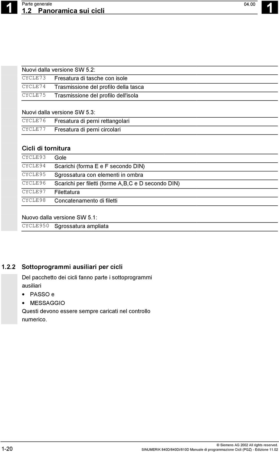 3: CYCLE76 Fresatura di perni rettangolari CYCLE77 Fresatura di perni circolari Cicli di tornitura CYCLE93 Gole CYCLE94 Scarichi (forma E e F secondo DIN) CYCLE95 Sgrossatura con elementi in ombra