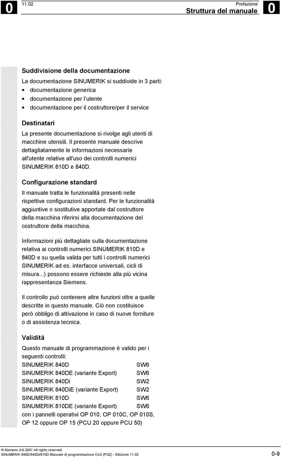 Il presente manuale descrive dettagliatamente le informazioni necessarie all'utente relative all'uso dei controlli numerici SINUMERIK 810D e 840D.