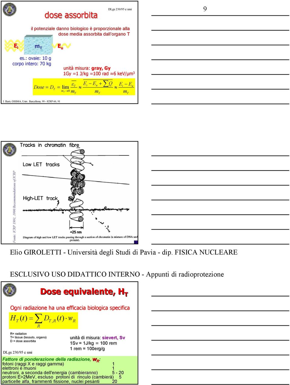 Barcellona, 99 - ICRP 60, 91 Fonte: ICRP 1991, 1990 Recommendations of ICRP Dose equivalente, H T Ogni radiazione ha una efficacia biologica specifica H t) = D ( t) w T ( T, R R R= radiation T=