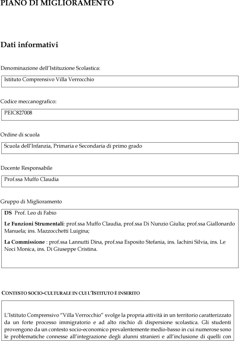 ssa Di Nunzio Giulia; prof.ssa Giallonardo Manuela; ins. Mazzocchetti Luigina; La Commissione : prof.ssa Lannutti Dina, prof.ssa Esposito Stefania, ins. Iachini Silvia, ins. Le Noci Monica, ins.