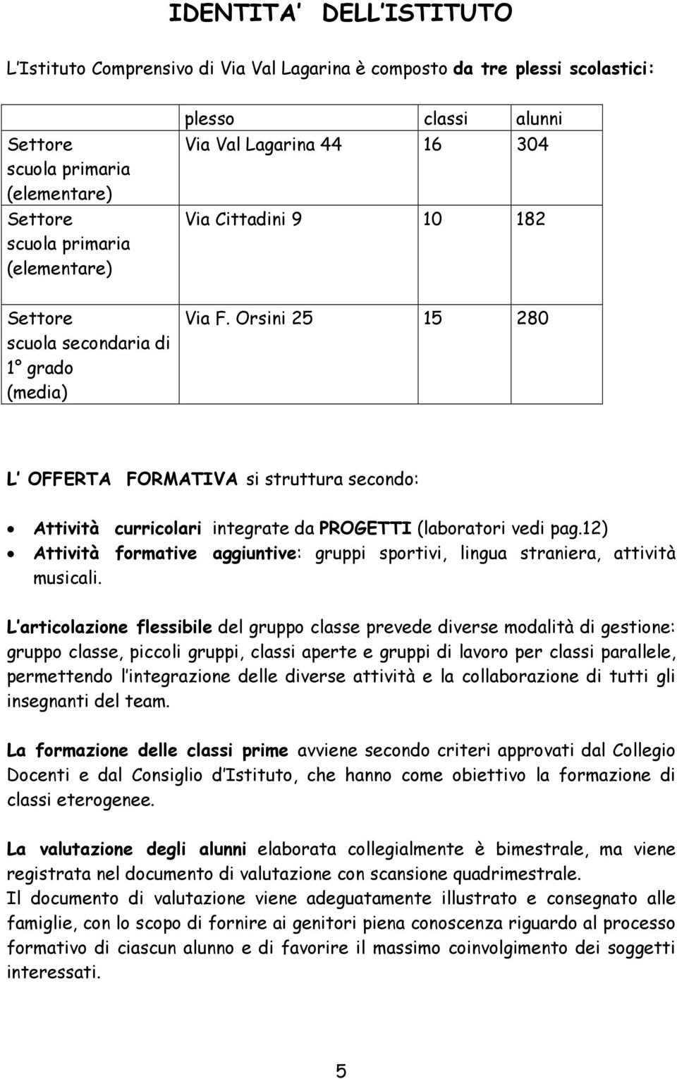 Orsini 25 15 280 L OFFERTA FORMATIVA si struttura secondo: Attività curricolari integrate da PROGETTI (laboratori vedi pag.