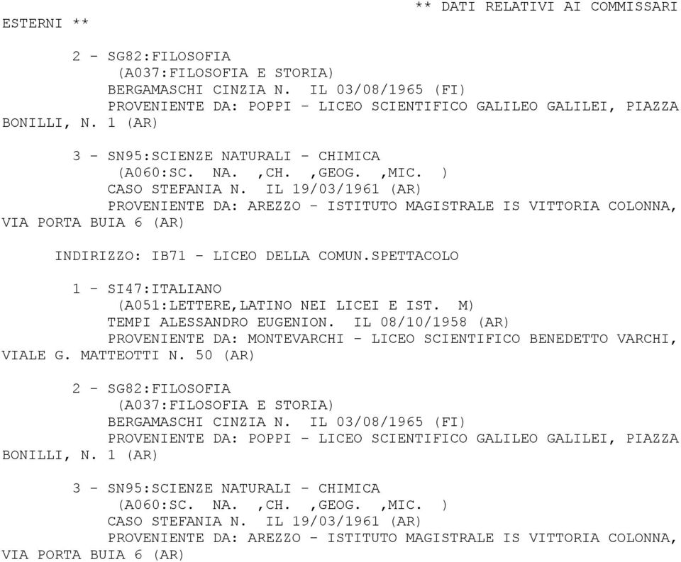 IL 19/03/1961 (AR) PROVENIENTE DA: AREZZO - ISTITUTO MAGISTRALE IS VITTORIA COLONNA, VIA PORTA BUIA 6 (AR) INDIRIZZO: IB71 - LICEO DELLA COMUN.