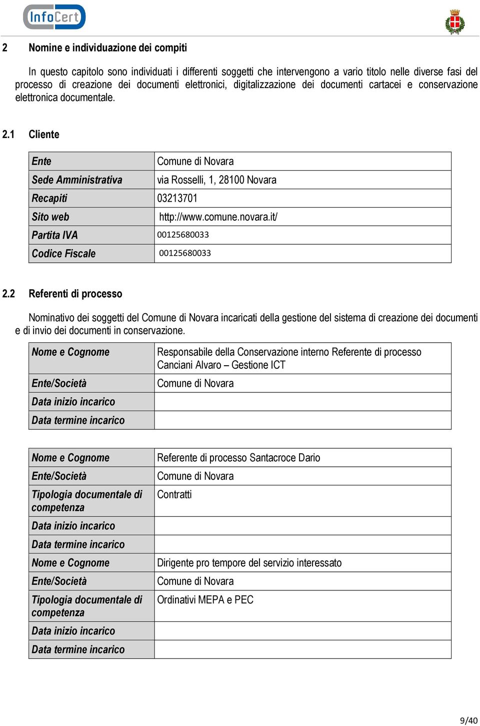 1 Cliente Ente Comune di Novara Sede Amministrativa via Rosselli, 1, 28100 Novara Recapiti 03213701 Sito web http://www.comune.novara.it/ Partita IVA 00125680033 Codice Fiscale 00125680033 2.