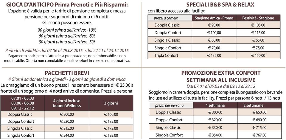 2015 Pagamento anticipato all atto della prenotazione, non rimborsabile e non modificabile. Offerta non cumulabile con altre azioni in corso e non retroattiva.