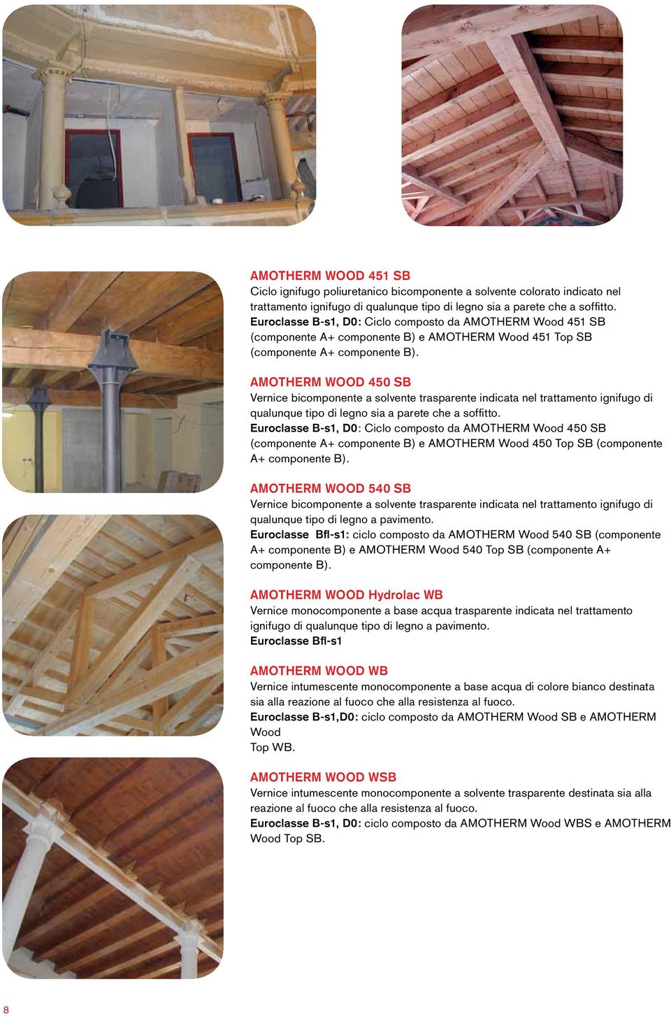 AMOTHERM Wood 450 Vernice bicomponente a solvente trasparente indicata nel trattamento ignifugo di qualunque tipo di legno sia a parete che a soffitto.