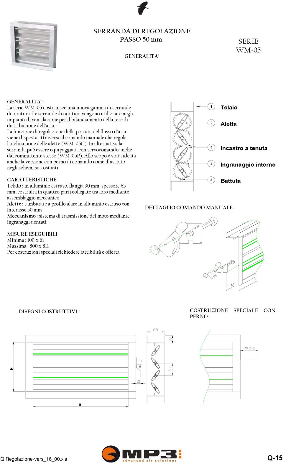 La funzione di regolazione della portata del flusso d'aria viene disposta attraverso il comando manuale che regola l'inclinazione delle alette (WM-05C).