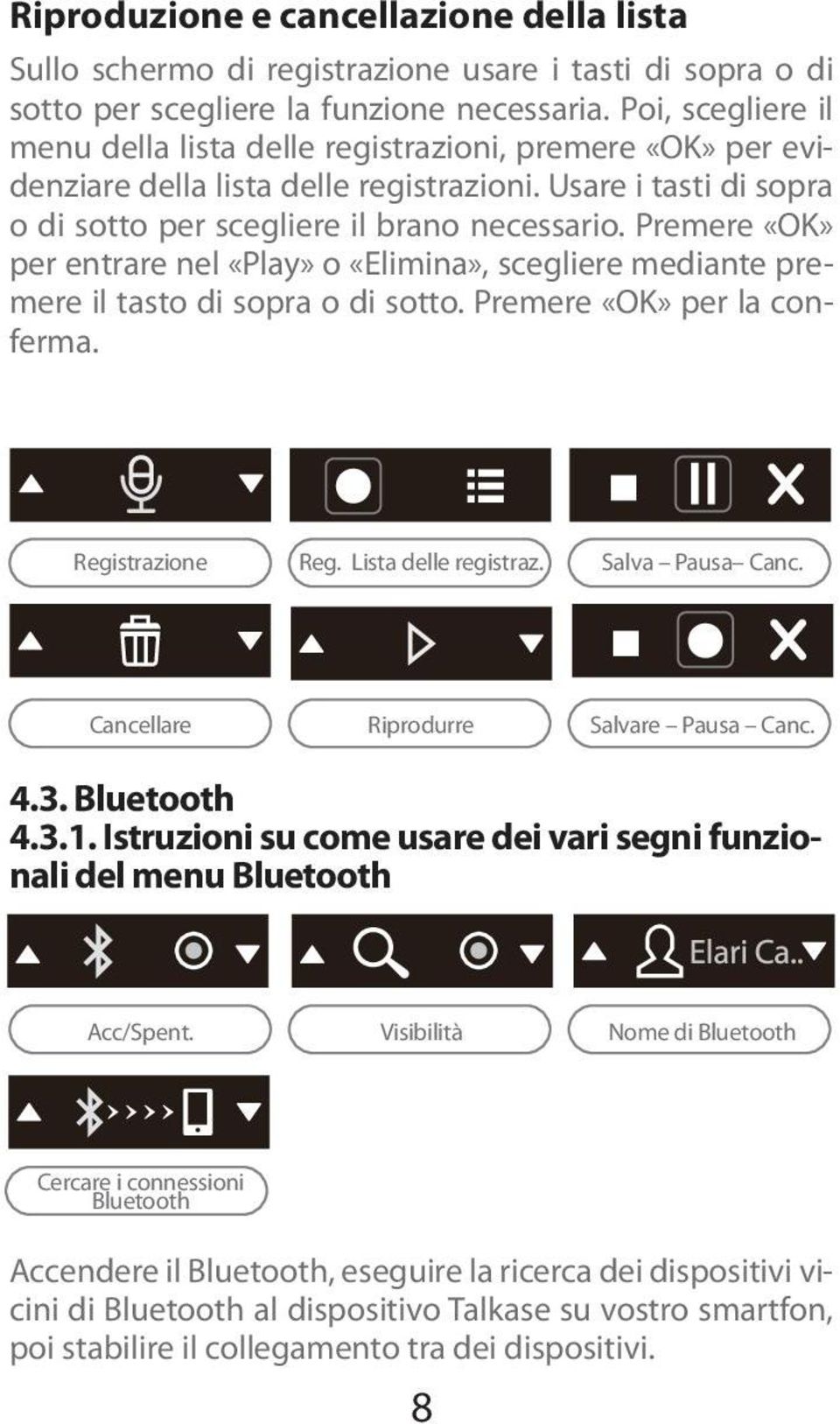 Premere «OK» per entrare nel «Play» o «Elimina», scegliere mediante premere il tasto di sopra o di sotto. Premere «OK» per la conferma. Registrazione Reg. Lista delle registraz. Salva Pausa Canc.