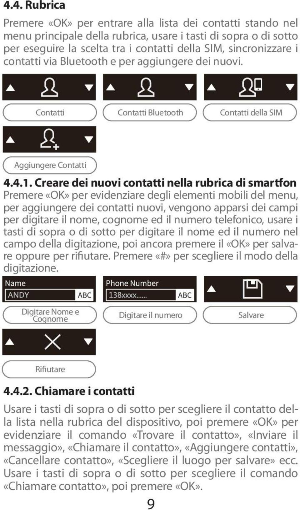 Creare dei nuovi contatti nella rubrica di smartfon Premere «OK» per evidenziare degli elementi mobili del menu, per aggiungere dei contatti nuovi, vengono apparsi dei campi per digitare il nome,