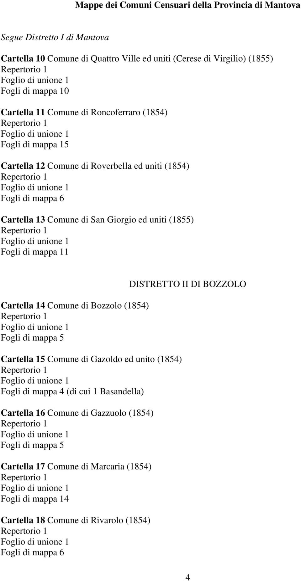 (1855) Fogli di mappa 11 Cartella 14 Comune di Bozzolo (1854) Cartella 15 Comune di Gazoldo ed unito (1854) (di cui 1 Basandella) Cartella 16 Comune