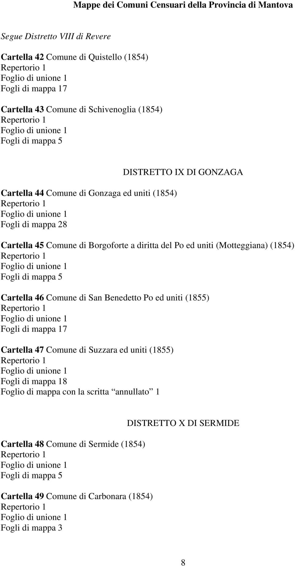 (Motteggiana) (1854) Cartella 46 Comune di San Benedetto Po ed uniti (1855) Fogli di mappa 17 Cartella 47 Comune di Suzzara ed uniti (1855)