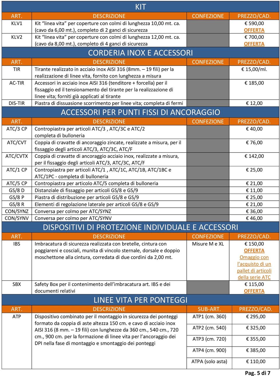 ), completo di 4 ganci di sicurezza 700,00 OFFERTA CORDERIA INOX E ACCESSORI TIR Tirante realizzato in acciaio inox AISI 316 (8mm. 19 fili) per la 15,00/ml.