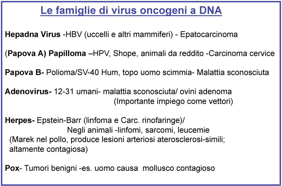 sconosciuta/ ovini adenoma (Importante impiego come vettori) Herpes- Epstein-Barr (linfoma e Carc.