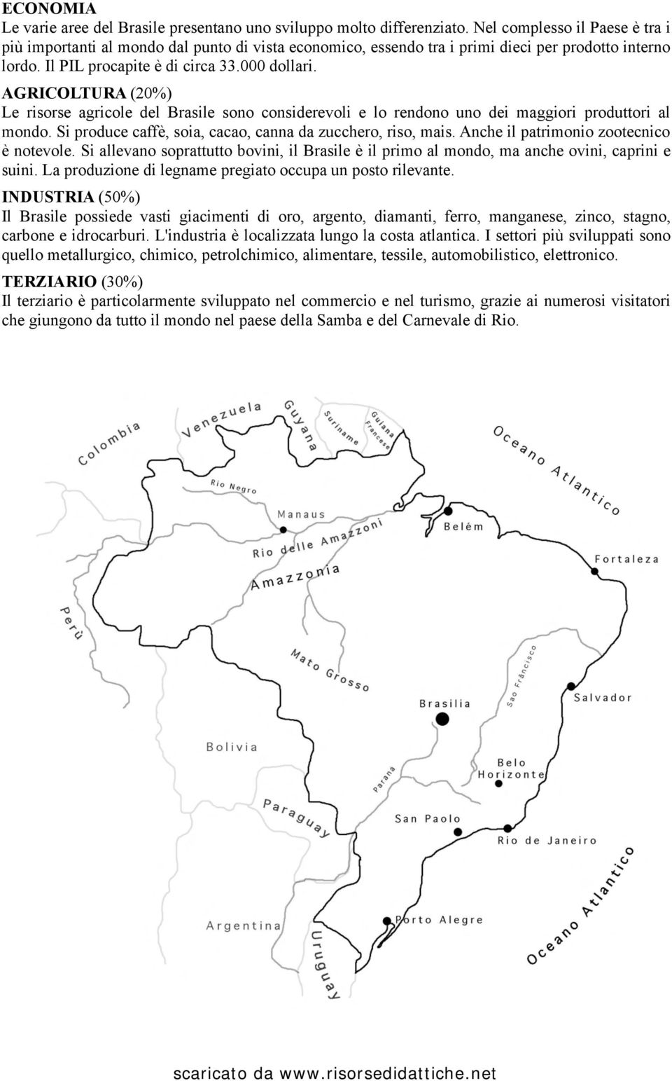 AGRICOLTURA (20%) Le risorse agricole del Brasile sono considerevoli e lo rendono uno dei maggiori produttori al mondo. Si produce caffè, soia, cacao, canna da zucchero, riso, mais.