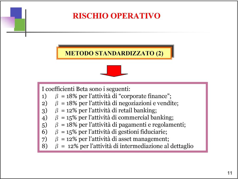 = 15% per l attività di commercial banking; 5) β = 18% per l attività di pagamenti e regolamenti; 6) β = 15% per l attività