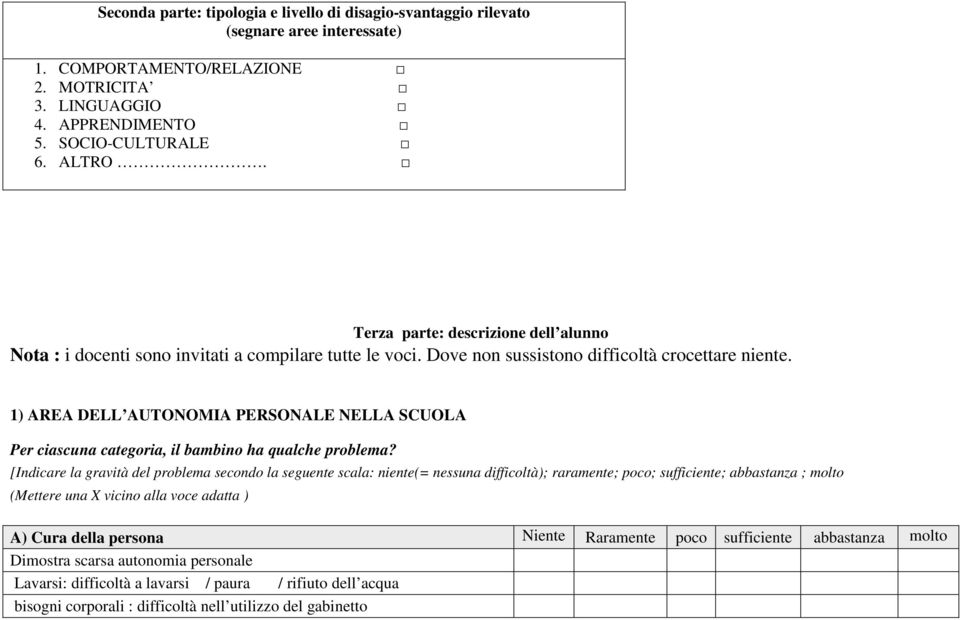 1) AREA DELL AUTONOMIA PERSONALE NELLA SCUOLA Per ciascuna categoria, il bambino ha qualche problema?