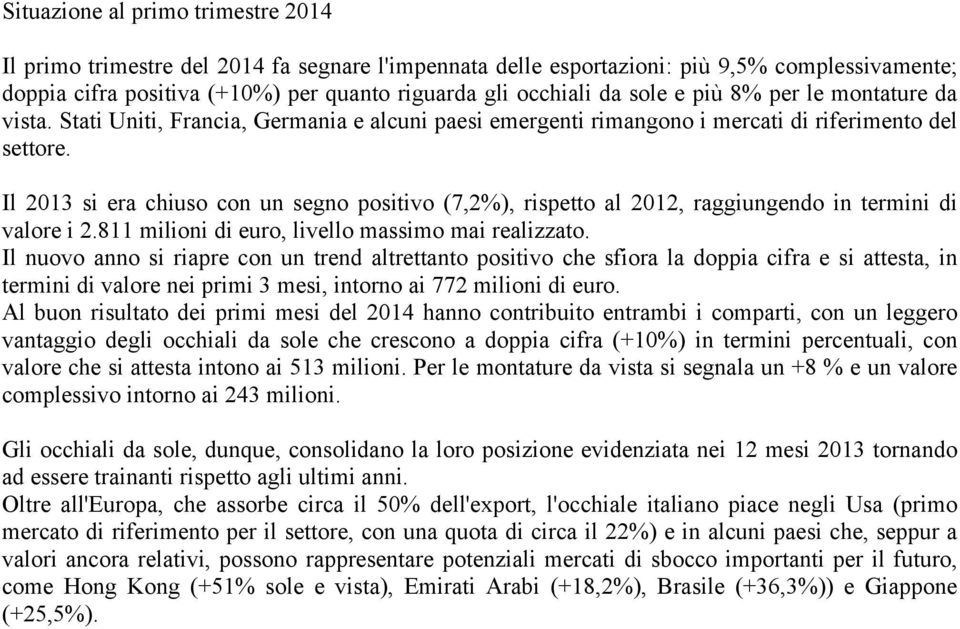 Il 2013 si era chiuso con un segno positivo (7,2%), rispetto al 2012, raggiungendo in termini di valore i 2.811 milioni di euro, livello massimo mai realizzato.