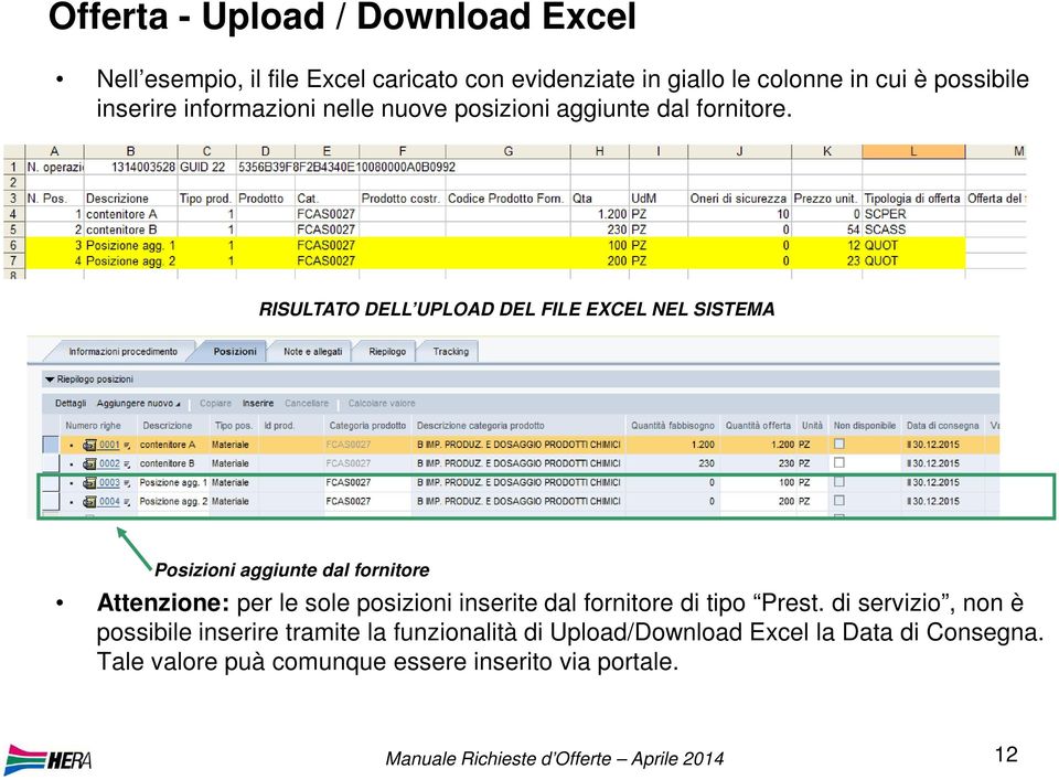 RISULTATO DELL UPLOAD DEL FILE EXCEL NEL SISTEMA Posizioni aggiunte dal fornitore Attenzione: per le sole posizioni