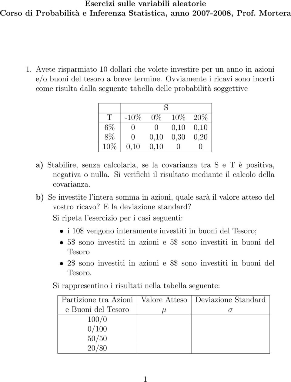 Ovviamente i ricavi sono incerti come risulta dalla seguente tabella delle probabilità soggettive S T -10% 0% 10% 20% 6% 0 0 0,10 0,10 8% 0 0,10 0,30 0,20 10% 0,10 0,10 0 0 a) Stabilire, senza