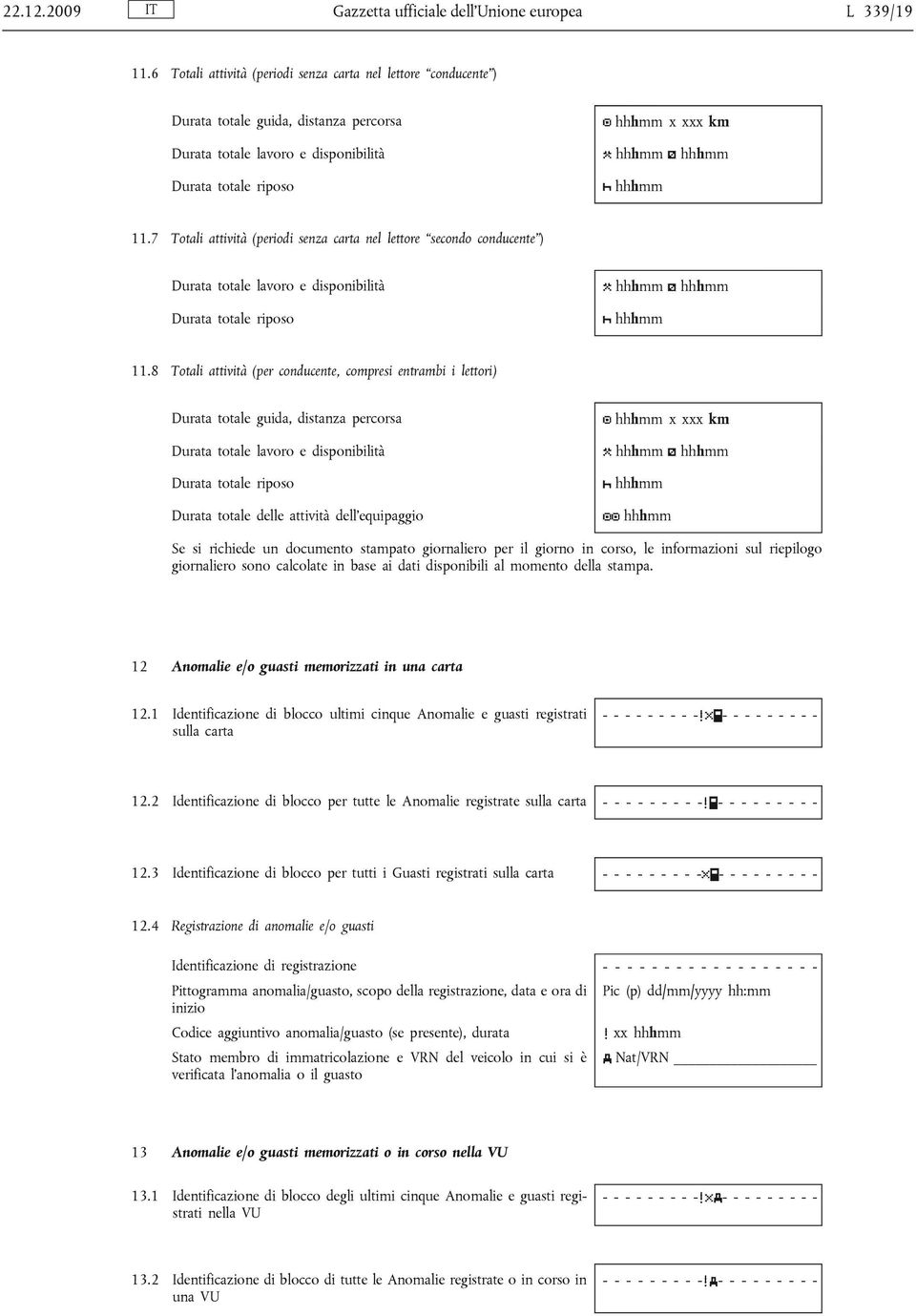 7 Totali attività (periodi senza carta nel lettore secondo conducente ) Durata totale lavoro e disponibilità hhhmm hhhmm Durata totale riposo hhhmm 11.